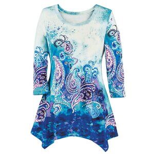 New XXL Aqua & White Ombré Sparkling Cascading Paisley SharkBite Knit Tunic